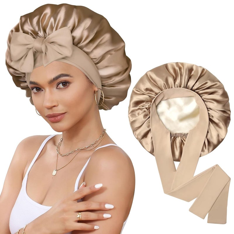 CHLINS Satin Bonnet Silk Bonnet for Sleeping Silk Sleep Cap Double Layer Hair Bonnet with Elastic Tie Band for Curly Hair Night Cap - Image 1